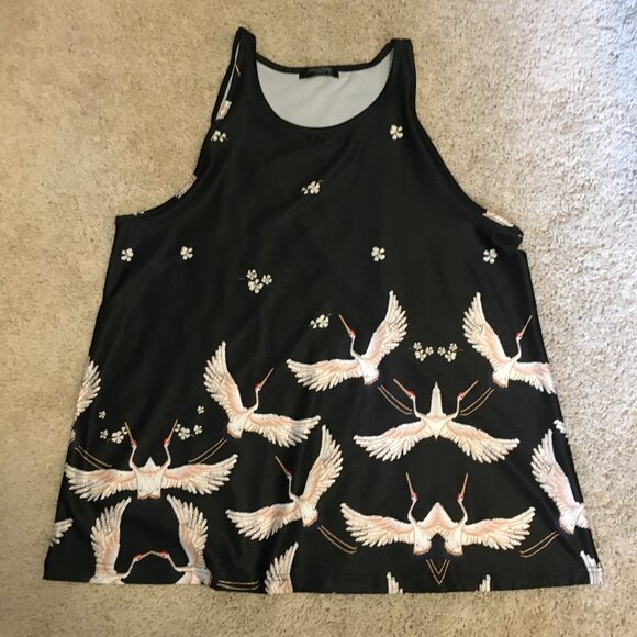 Black Sleeveless Pink and White Crane Tank Top - Picture 9 of 12